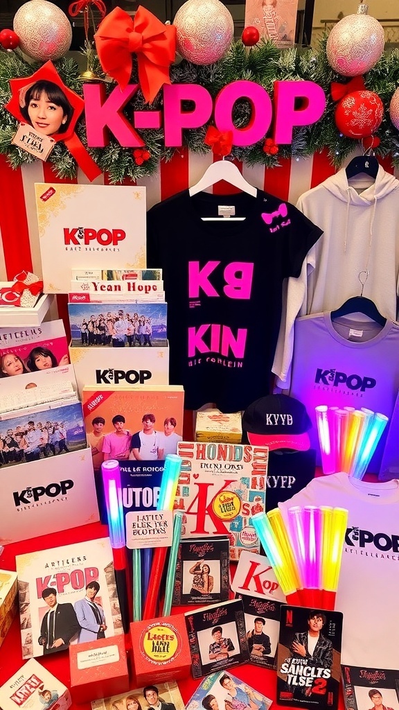 A collection of K-Pop merchandise including albums and lightsticks on a festive background.